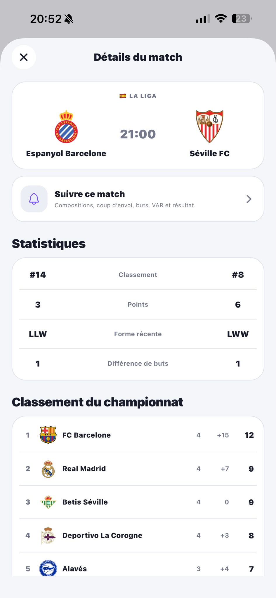 Fiche d’un match dans Entre Onze avec statistiques des équipes et classement du championnat.